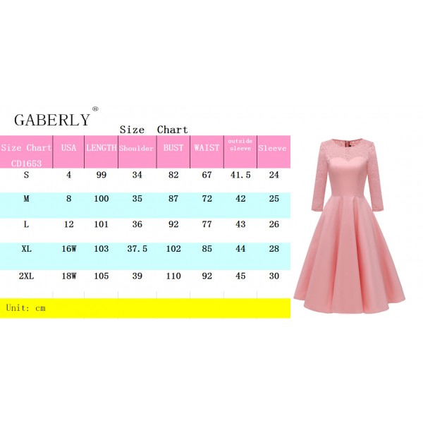 GABERLY Women's Classic Retro Vintage Cocktail Party Swing Dress with Three Quarter Sleeve