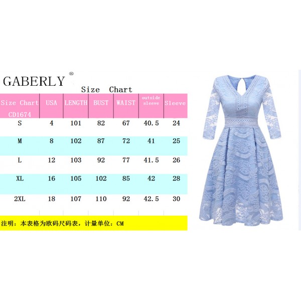 GABERLY Women's Luxury Lace Floral Vintage Fashion Bridesmaid Evening Party V-Neck Dress